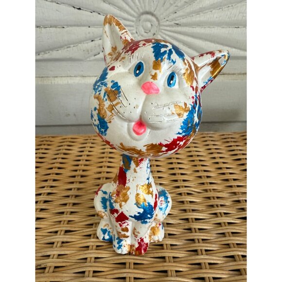 Vintage MCM Ceramic Nodder Bobber Head Cat Kitty Spatter Painted - Picture 2 of 10
